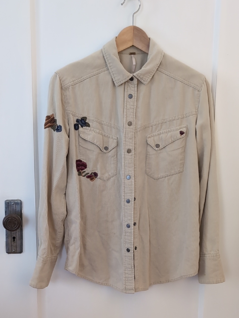 Free People Beige Corduroy Button-Down Shirt with Floral Embroidery